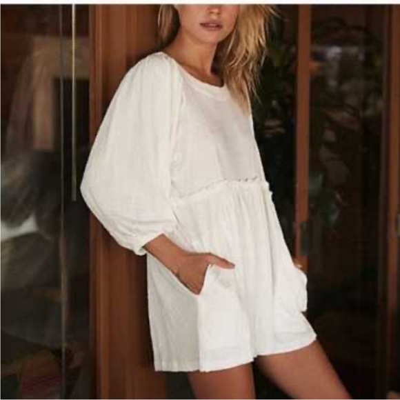 Free People Pants - Free People White Short Romper with Balloon Sleeves